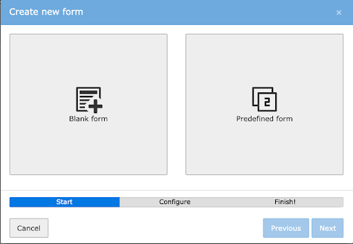 Screenshot of “Create new form” popup, part 1.