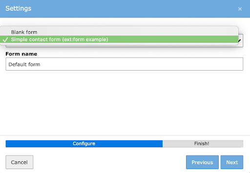 Screenshot of “Predefined form” menu selection options